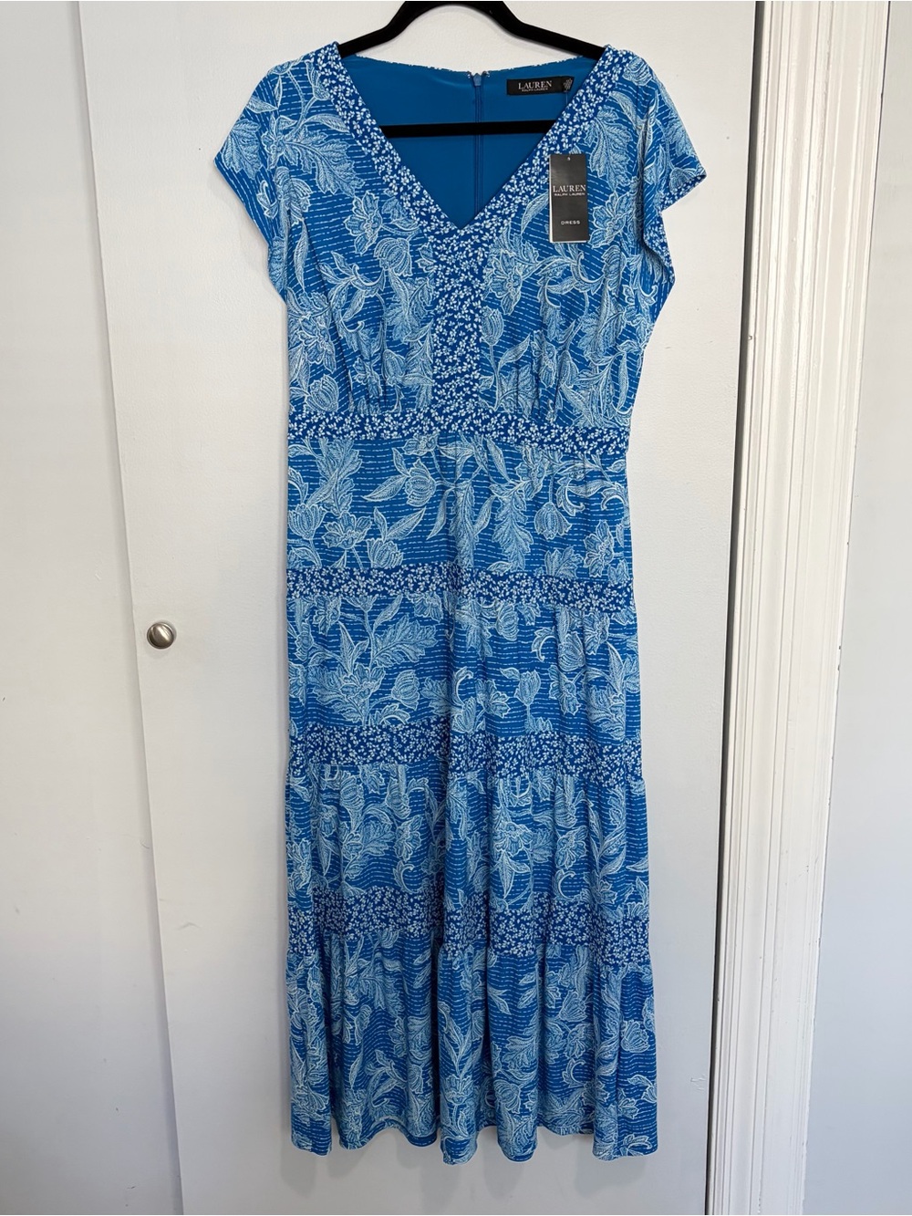 Lauren Ralph Lauren V-Neck Flutter Sleeve Midi Dress Women 10 Blue Floral New